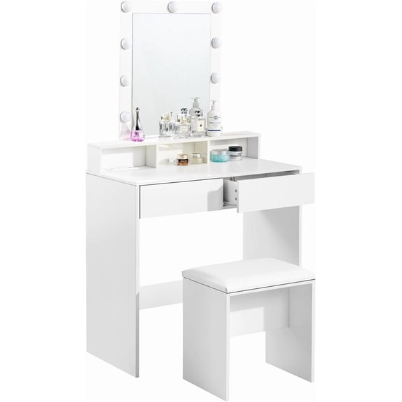 TEXBM Vanity Desk Set with Mirror & Lights – Makeup Table with 2 Drawers, USB/AC Outlets, and Padded Stool, Compact White Dressing Table for Bedroom