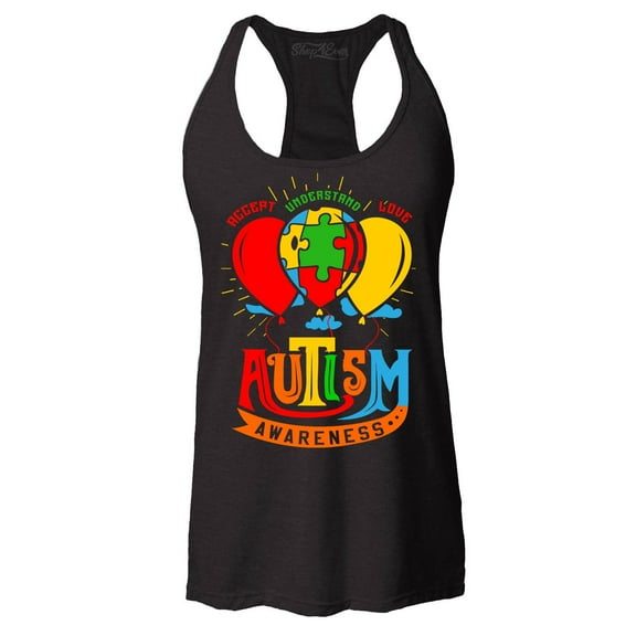 Shop4Ever Women's Accept Understand Love Autism Awareness Balloons Racerback Tank Top X-Small Black