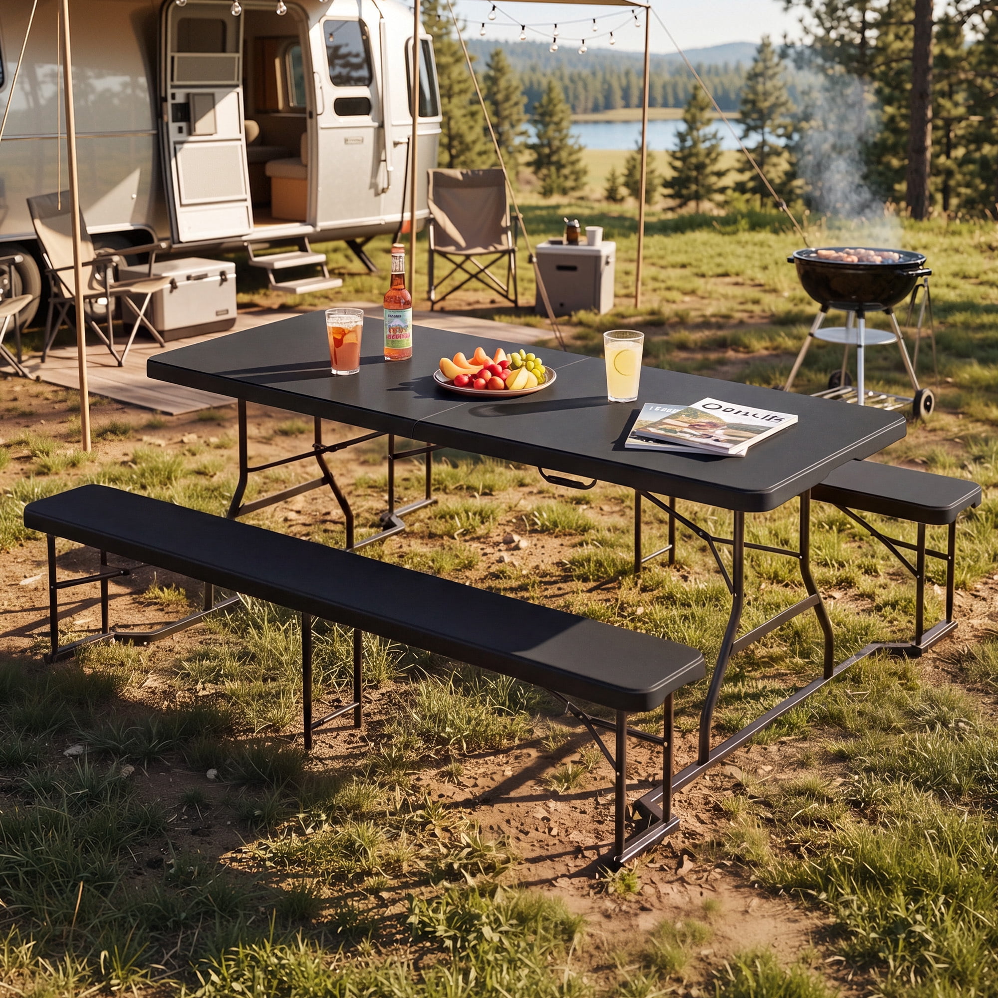 Uforic 6 Ft Folding Picnic Table with Attached Benches, Portable Heavy Duty Outdoor Table with Center Lock & Non-Slip Feet, Black