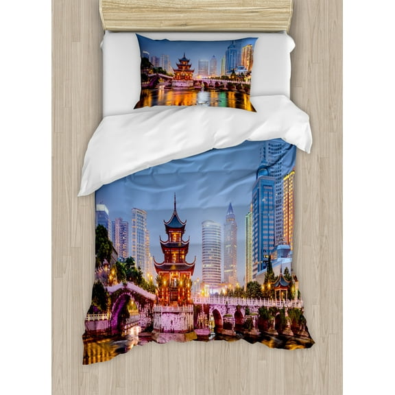 City Duvet Cover Set Twin Size, Guiyang China Skyline at Jiaxiu Pavillion on the Nanjing River Cityscape at Dusk, Decorative 2 Piece Bedding Set with 1 Pillow Sham, Multicolor, by Ambesonne