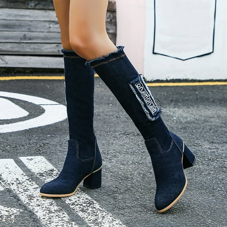 

Midewhik Women s Slouchy Knee High Boots Round Toe Side Zipper Mid Chunky Heel Boots