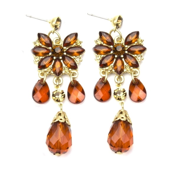 Elegant Amber Crystal Flower Drop Earrings - Wedding Special Occasion Jewelry Necklace Earring Gold