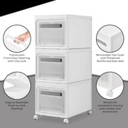 Stackable Storage Bins,Hengu 3 Tier Storage Containers with Wheels and Lid, Rolling Cart for Living Room, Office, Bedroom & Bathrooms,White