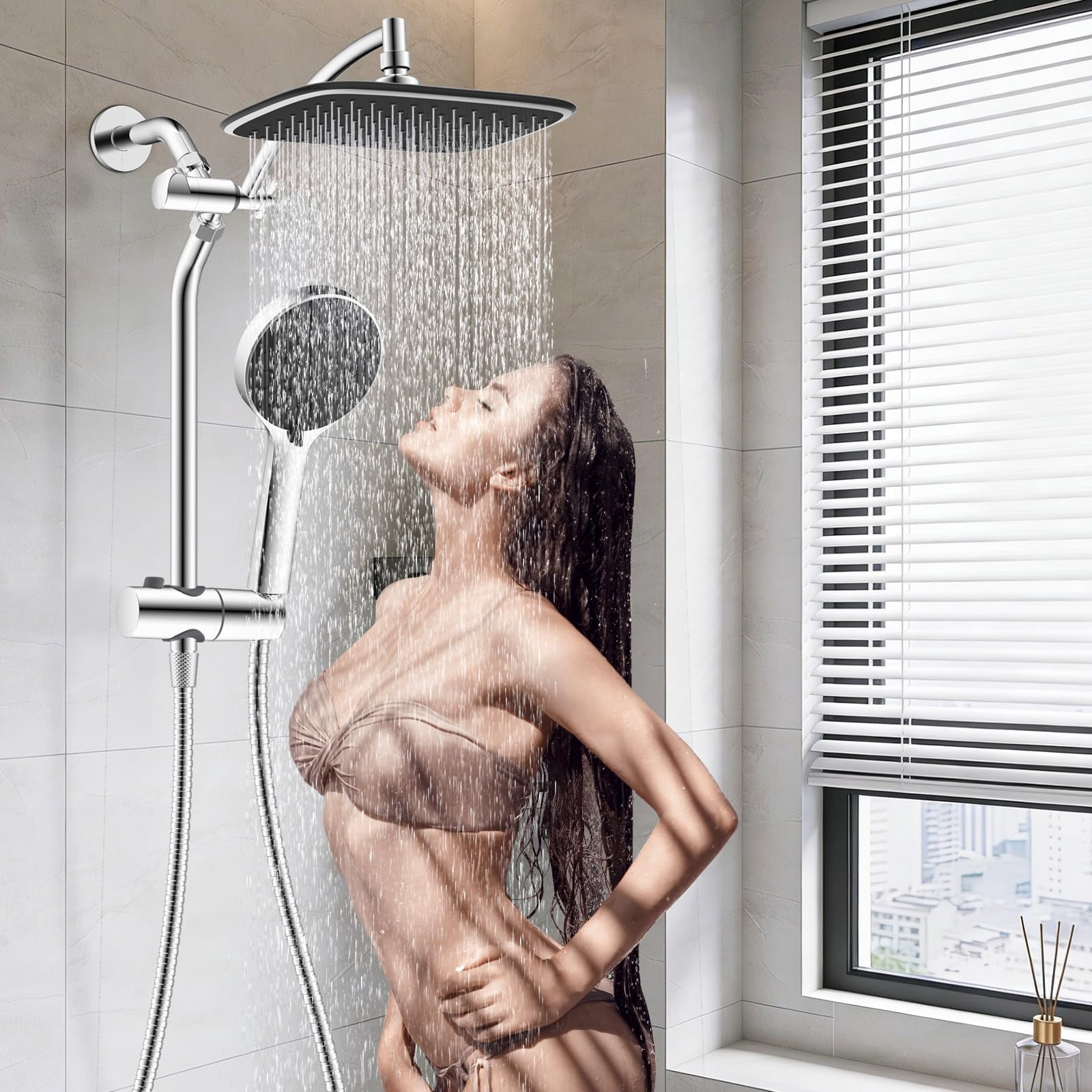 10" Rain Shower Head With Handheld  High Boosting Rainfall Showerhead All Metal Adjustable Extension Arm Easy Reach Holder 5 Spray Modes Power Wash To Install Chrome