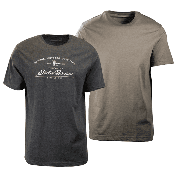 Eddie Bauer Men's 2 Pack Dark Grey Graphic &amp; Sage Green Crew S/S T-Shirt (S02)