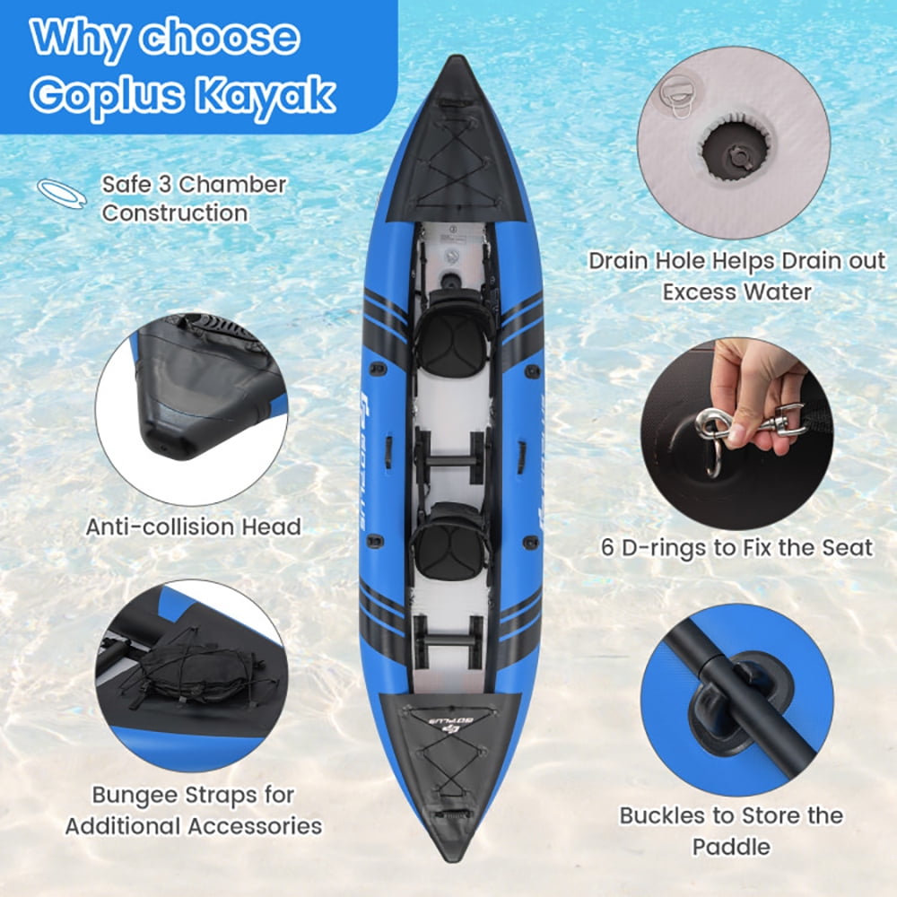 Spaco Inflatable 2-person Kayak Set with Aluminium Oars and Repair Kit-Blue, Inflatable Vinyl Kayak for Lakes and Rivers