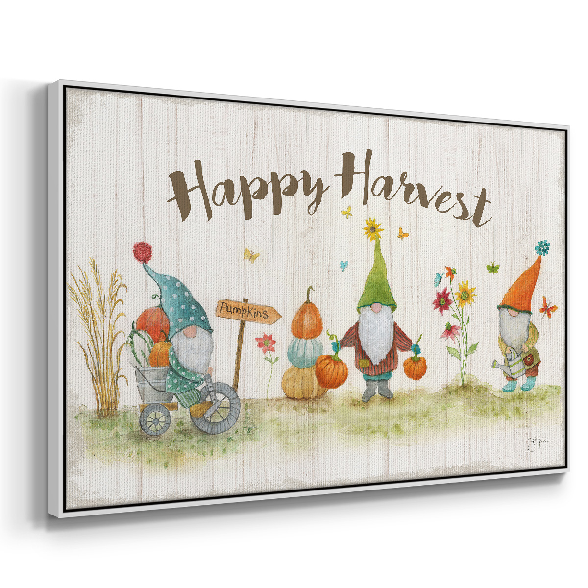 Gnome Harvest - Framed Gallery Wrapped Holiday Canvas - 27 x 41 - White Frame