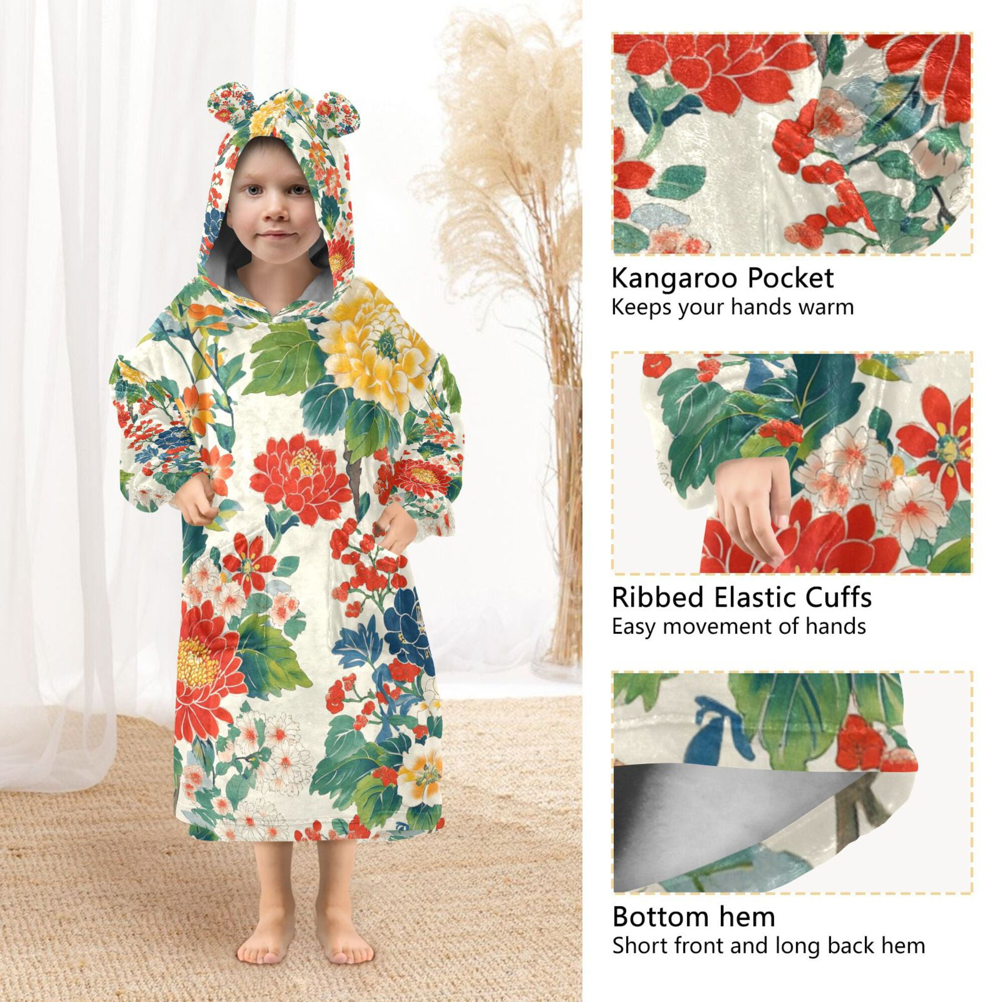 FORMRS Wearable Blanket Hoodie with Sleeves for Kids Cozy Flannel Sweatshirt, Colorful Flowers Pattern
