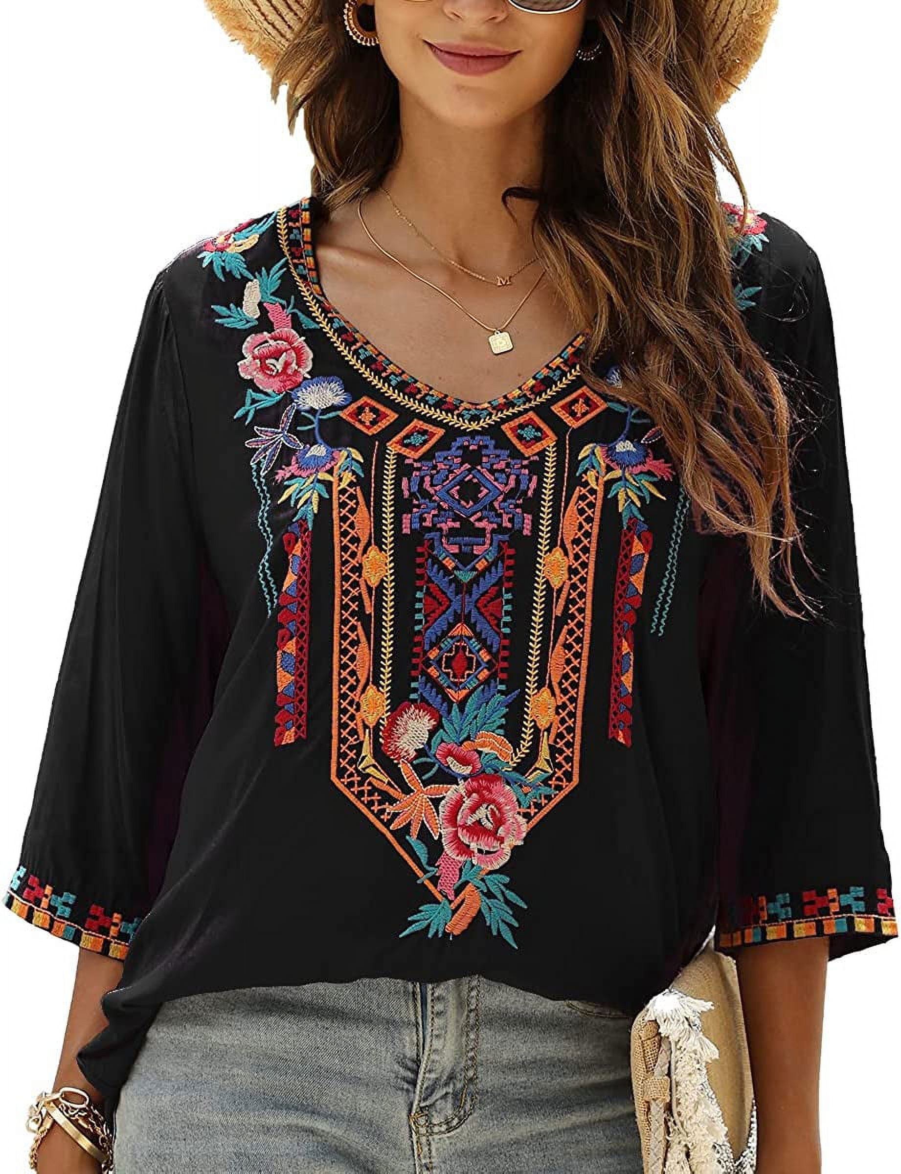 Women's Summer Boho Embroidery Mexican Bohemian Tops V Neck