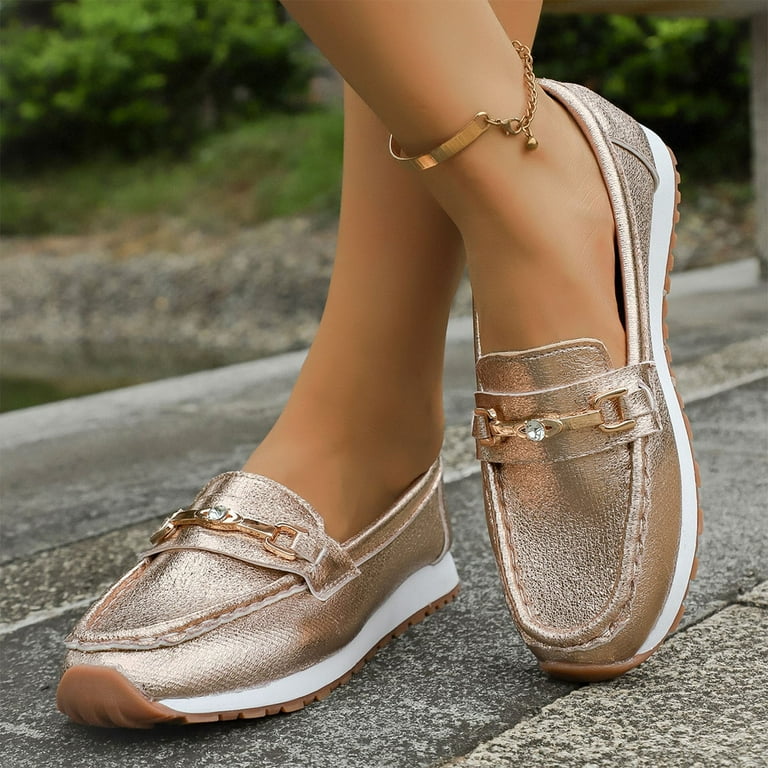 RUIYANQI Women's Metallic Loafers Chain Accent Slip On Shoes