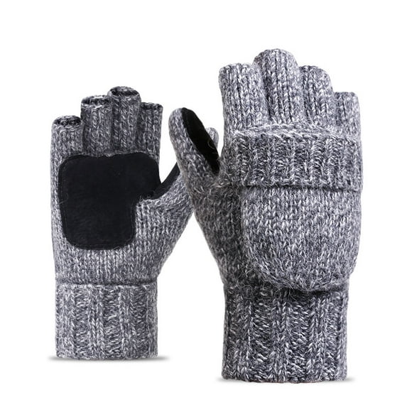 HUACA Gants à tricoter en laine demi-doigt à Clavet pour hommes et femmes en hiver laine coréenne cuir Épaule pour une conduite au chaud, gris clair