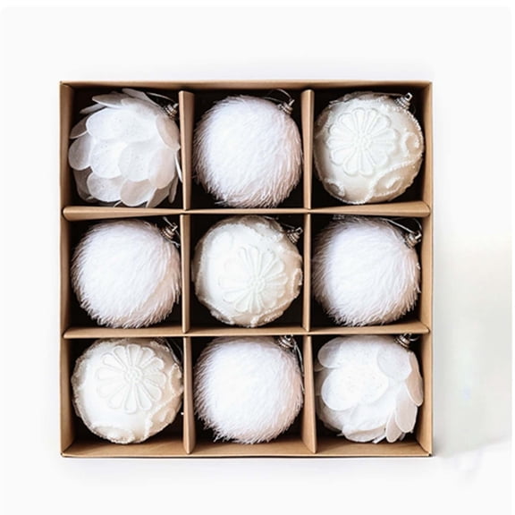 2026 Christmas Home Party Decoration 9PCS White Christmas Ball Ornaments 3 Styles Petal Embossed Hanging Baubles Shatterproof Xmas Tree Decorations For Holiday Wedding Home Decor