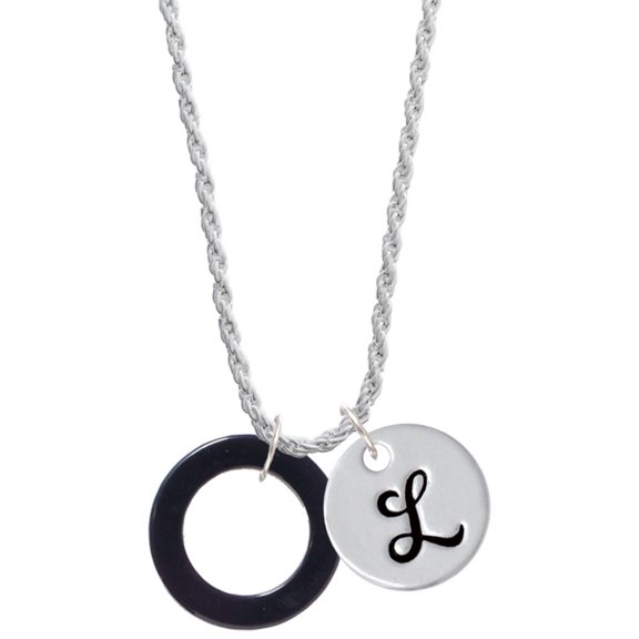 Delight Jewelry Acrylic 7/8" Ring Black Silvertone Script Initial Disc - L - Charm Necklace, 20"+3"