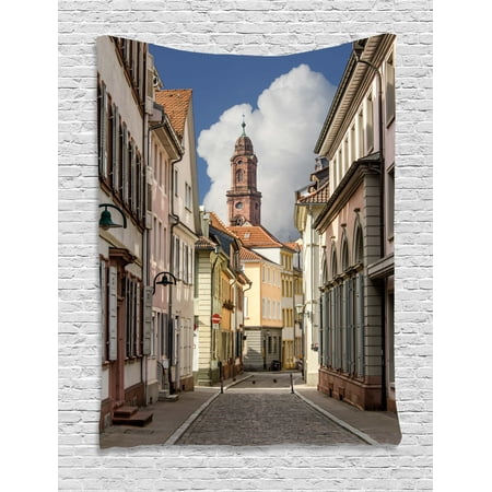 European Tapestry, Heidelberg Old City Streets Picturesque Town with Medieval Architect Panorama, Wall Hanging for Bedroom Living Room Dorm Decor, 40W X 60L Inches, Multicolor, by