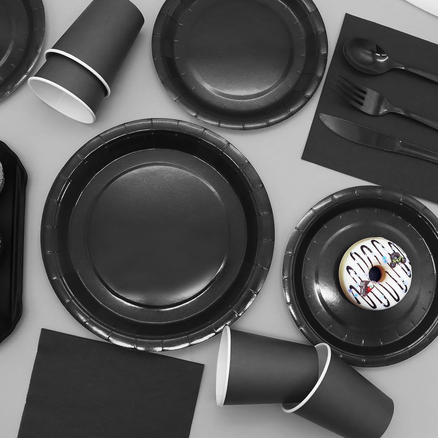 168pcs Black Paper Plates and Napkins for Halloween Birthday Anniversary Decorations, Black Plates Disposable Dinnerware Sets for Party Supplies and Party Decorations Serves 24