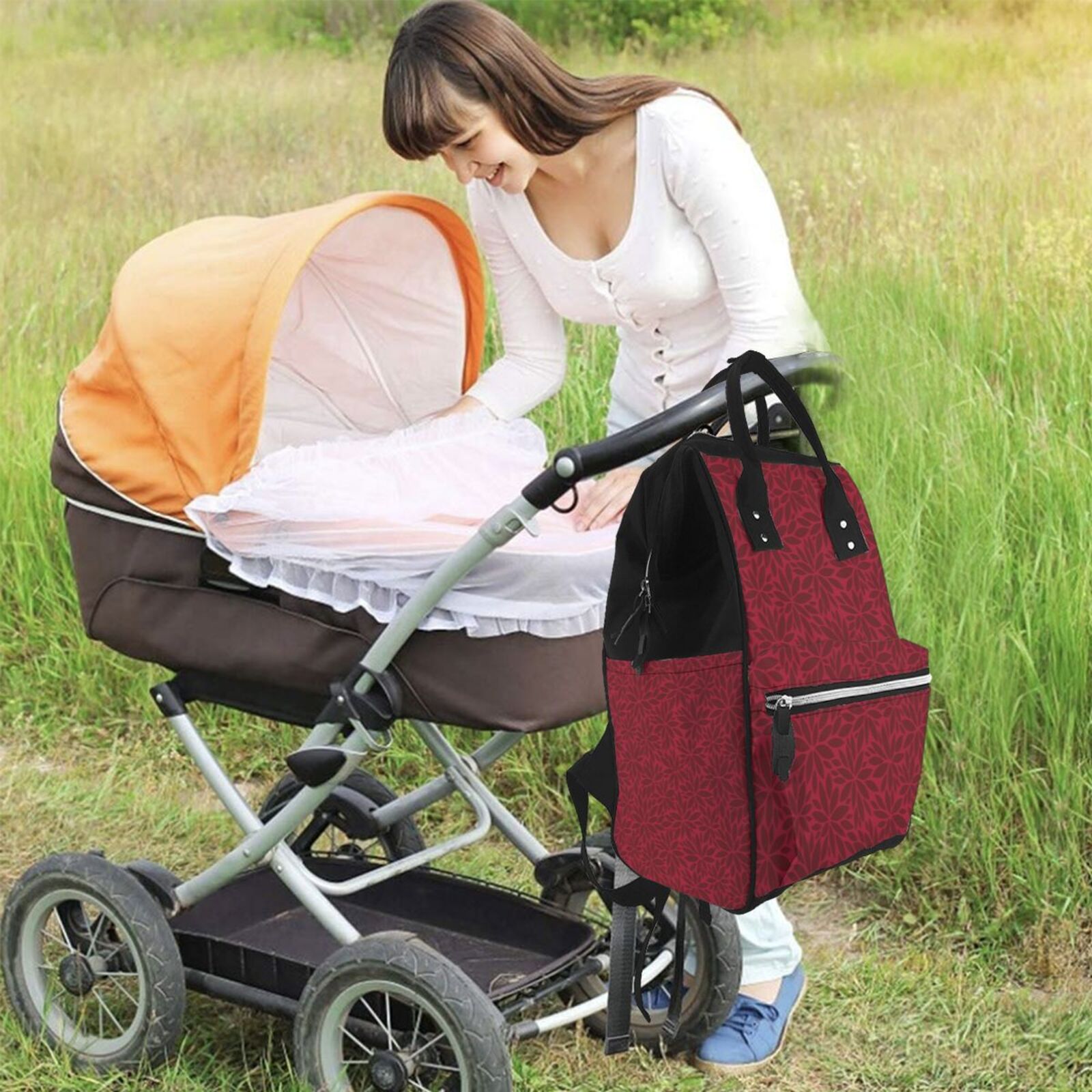 Ratiio Burgundy Floral Mummy Backpack - Waterproof Twill Canvas, Large Capacity Diaper Bag with Multiple Pockets and Adjustable Straps