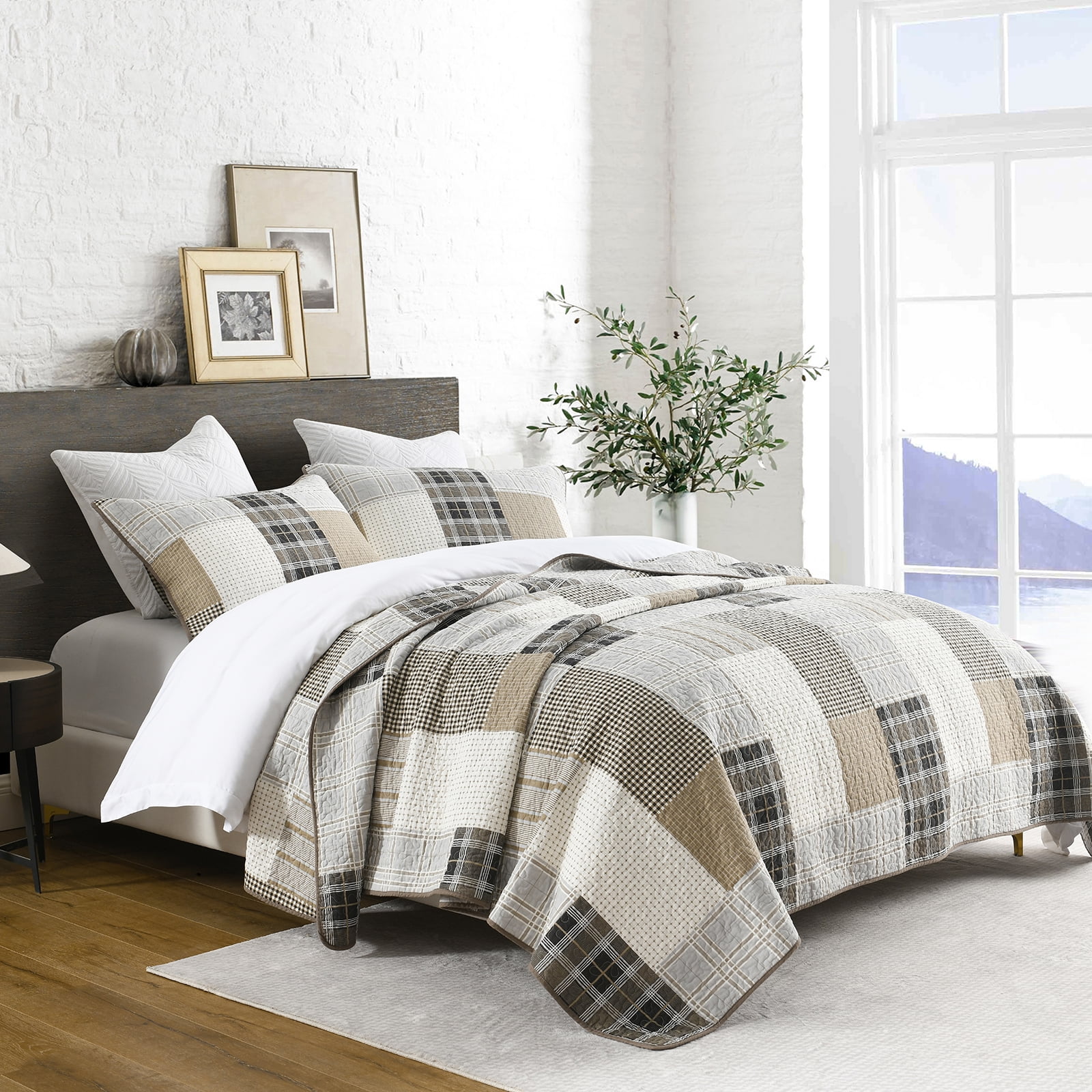 PANGUSHAN Farmhouse Patchwork 3 -Piece Cream/Beige/Gray Bedding Sets, Queen