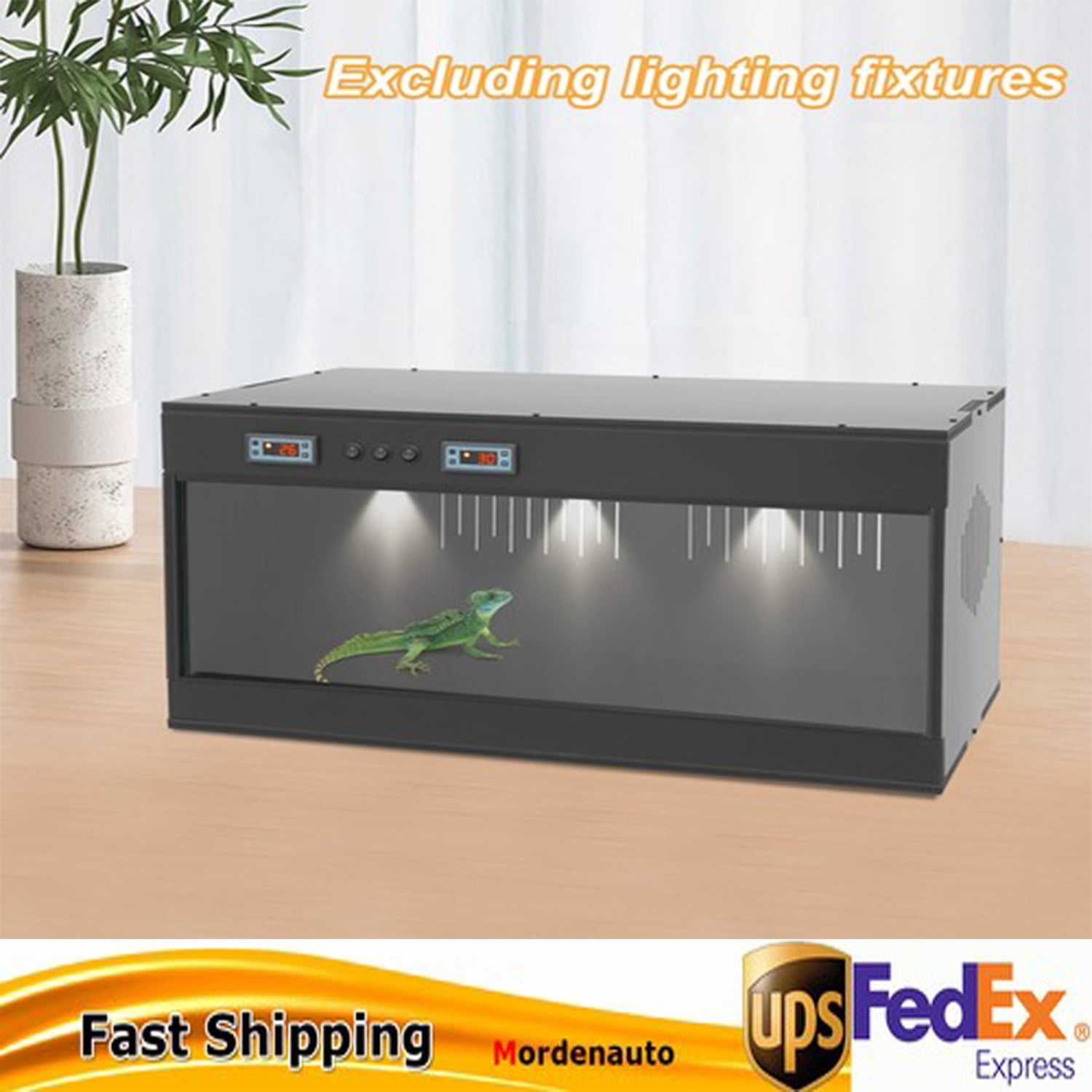 PVC Reptile Terrarium, Feeding Box, 80x40x40cm Black, Dual Zone Temperature Control Under 104℉, Built-in Thermostat LCD Display, 3 E27 Bulb Slots for Heat Light Night, Sliding Door