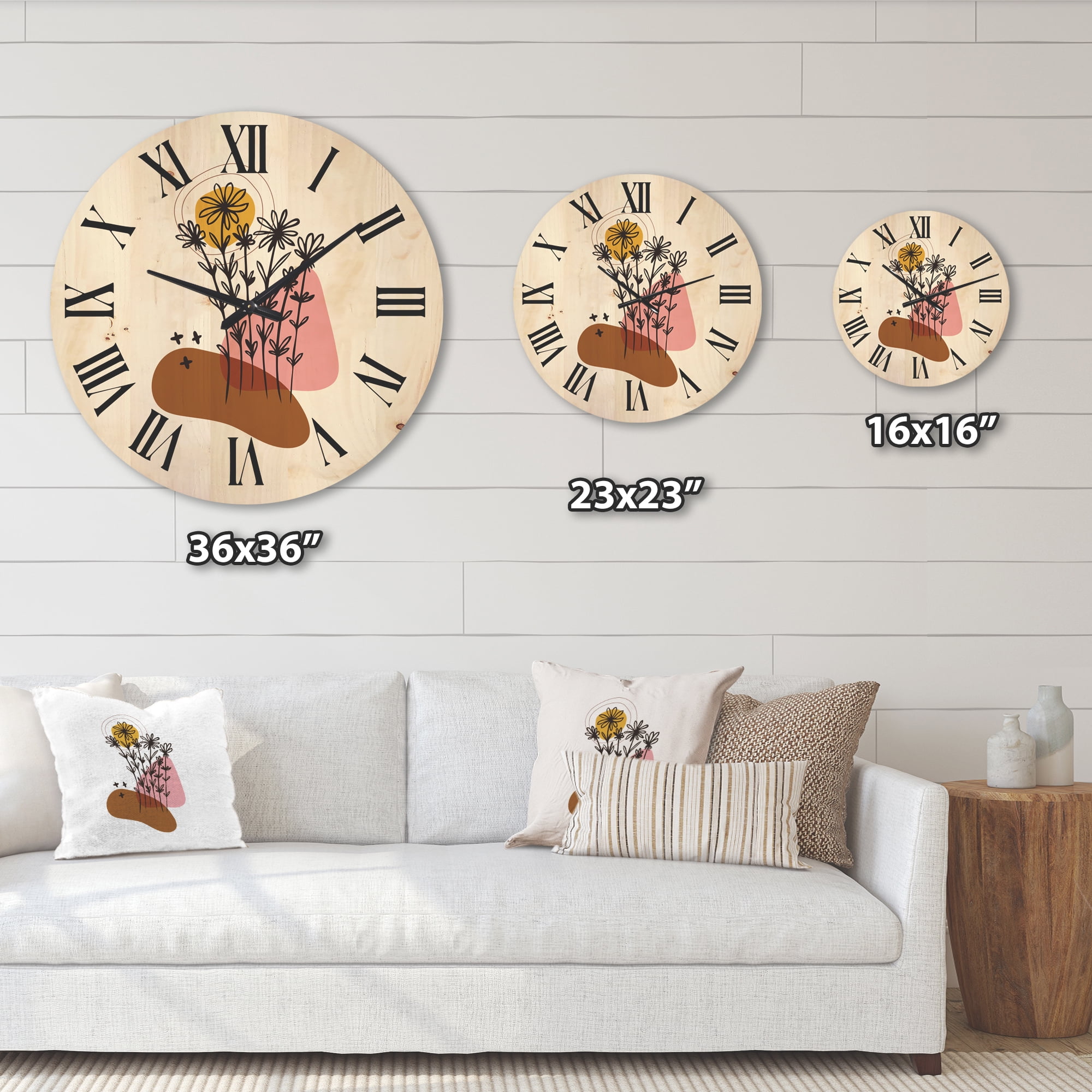 Designart 'Abstract Flowers Plants With Elementary Shapes I' Modern Wood Wall Clock