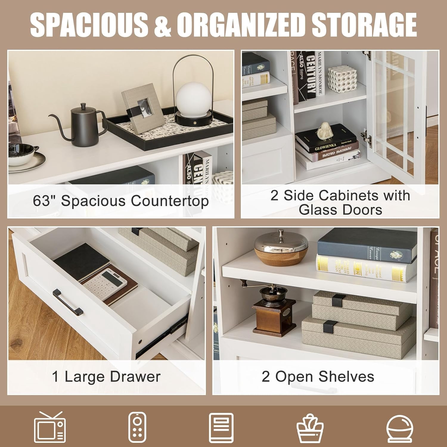 70" TV Stand, Farmhouse Wood TV Cabinet Entertainment Center, Glass Doors Cubbies and Drawer, White