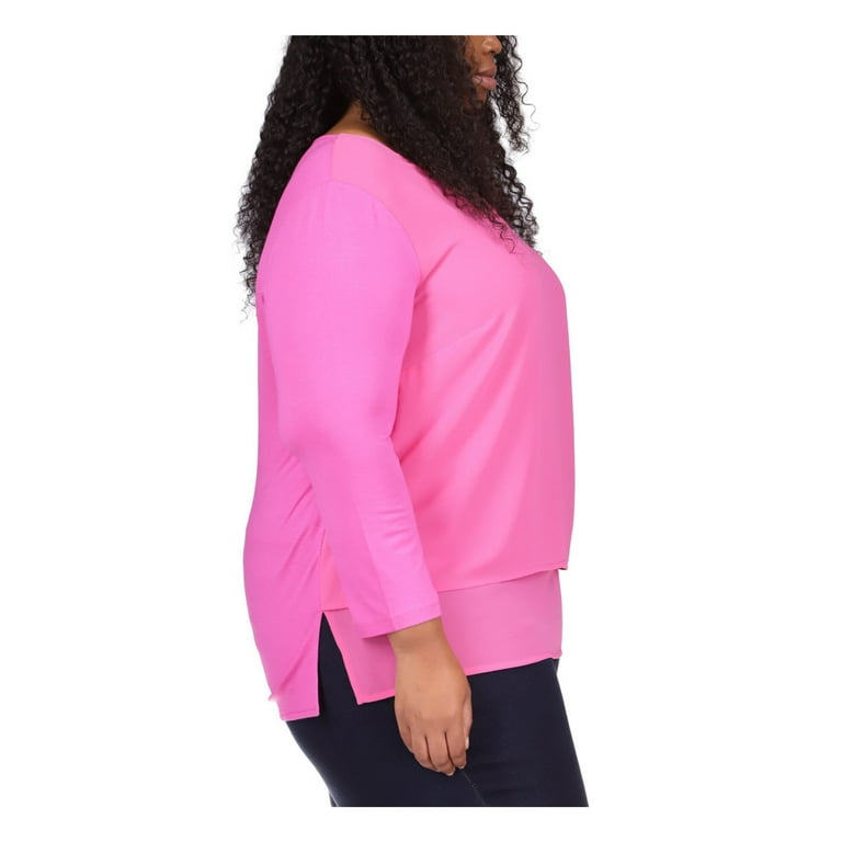 MICHAEL KORS Womens Pink 3/4 Sleeve V Neck Tunic Top Plus 0X MICHAEL KORS Womens Pink 3/4 Sleeve V Neck Tunic Top Plus 0X