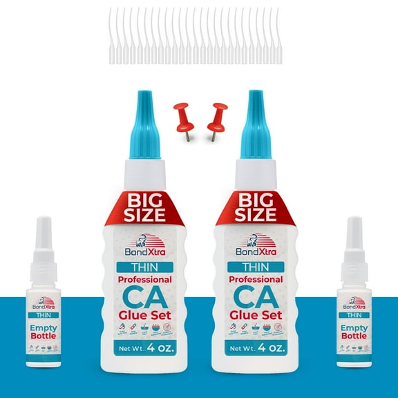 “BondXtra Thin Viscosity CA Super Glue Kit, 8 oz. – Premium Cyanoacrylate Adhesive with Extra Bottles, Caps & Microtips for Woodworking, Plastic, Ceramics & DIY Crafts”