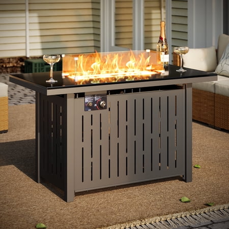 LAUSAINT HOME 43  Outdoor Fire Pit Table  50 000 BTU Auto-Ignition Gas Fire Pit with Glass Wind Guard Propane(Metal)