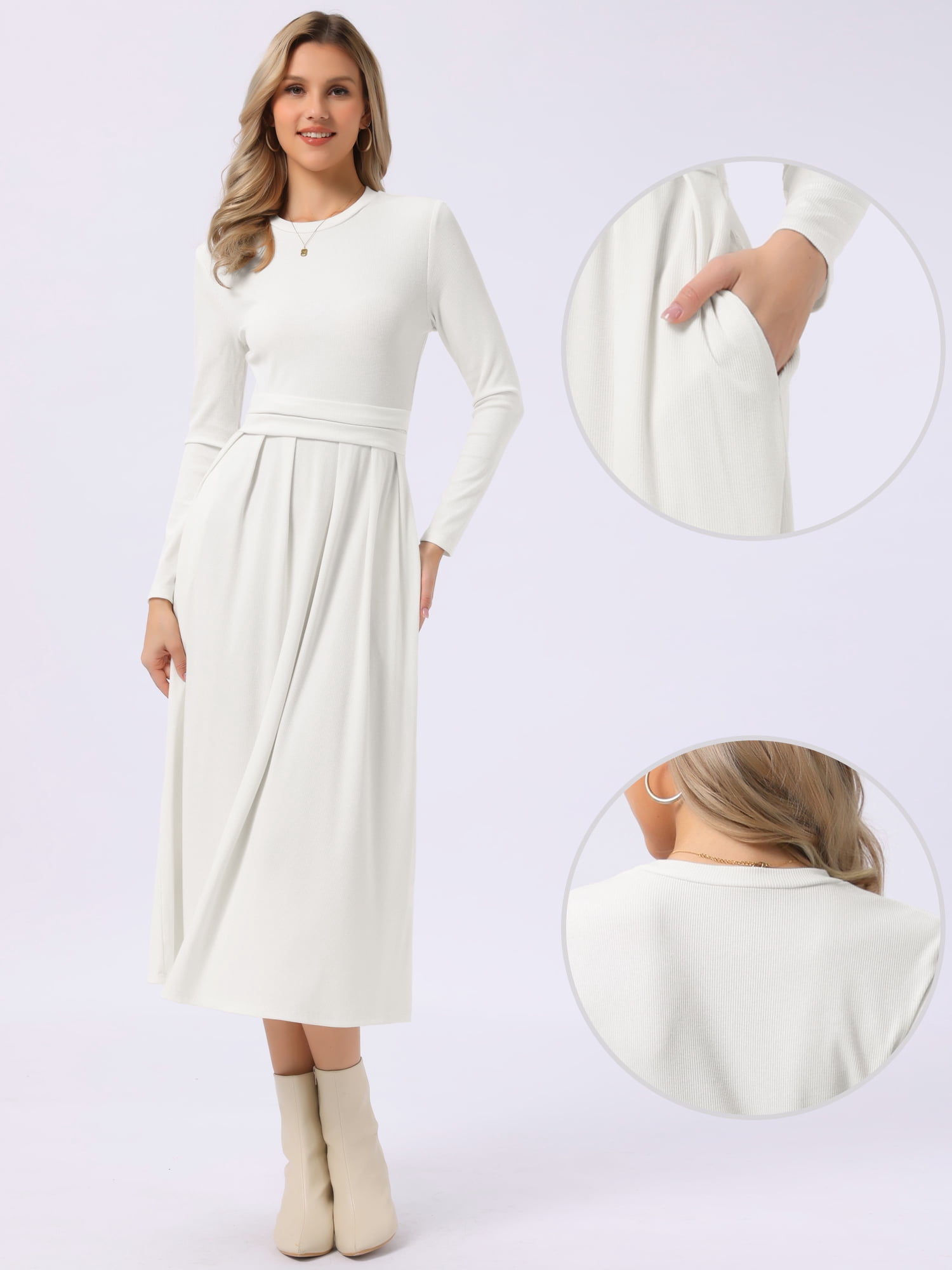 DARING DIVA Women's Long Sleeve Maxi Casual Formal Spring A-Line Dress S Beige White