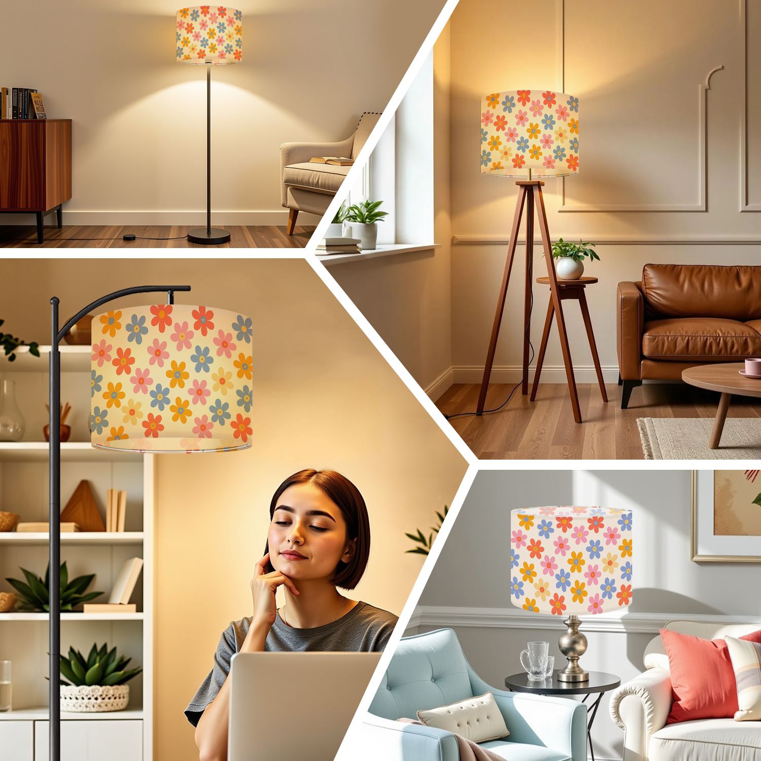 Linen Drum Lampshades Colorful Floral Daisy Mid Century Modern Retro 13"x13"x10" Light Shade for Table Lamps Floor Lamps Drum Lamp Shades Lampshade Replacement Assembly Required