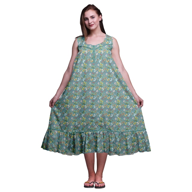 Bimba Bleu Sarcelle Poussiéreux Papillons Rayé/à Pois et Coloré Mi-Mollet Vêtement de Nuit Femme Coton Imprimé Sans Manches Robe de Nuit Maxi Taille Très Grande