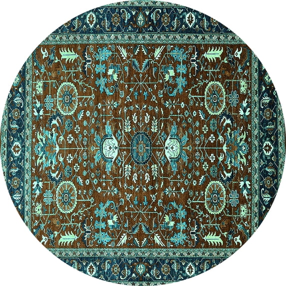 Ahgly Company Machine Washable Indoor Round Oriental Turquoise Blue Industrial Area Rugs, 5' Round