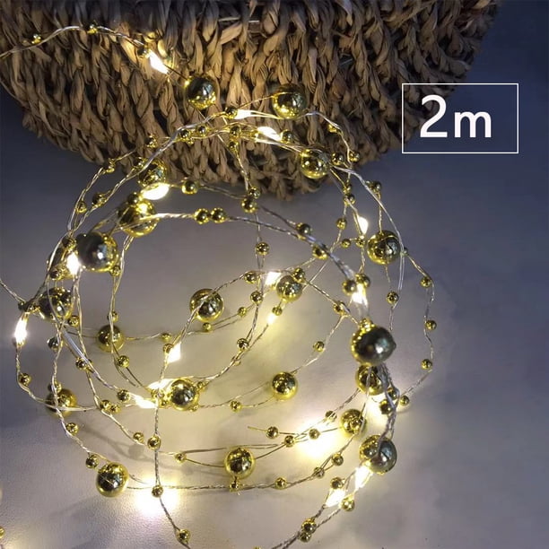 Cadena de luz Cadena de luz eléctrica Cadena de LED flexible de plástico con perla artificial, Perla dorada, 2m tholdsy HA002589-05