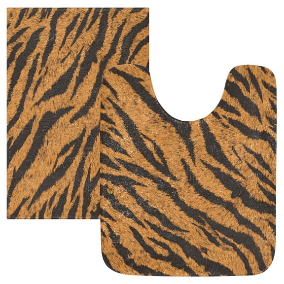 2 Piece Bath Mat Set with U-Shaped Toilet Mat and Rectangle Bath Rugs Non Slip Machine Washable Bathroom Mats Tiger Stripes Pattern