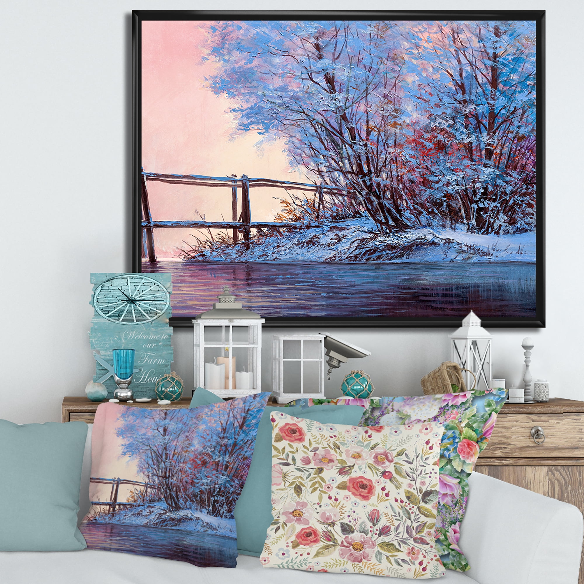 Bridge Of Meandering River With Winter Scenery I 20 in x 12 in Framed Painting Canvas Art Print, by Designart
