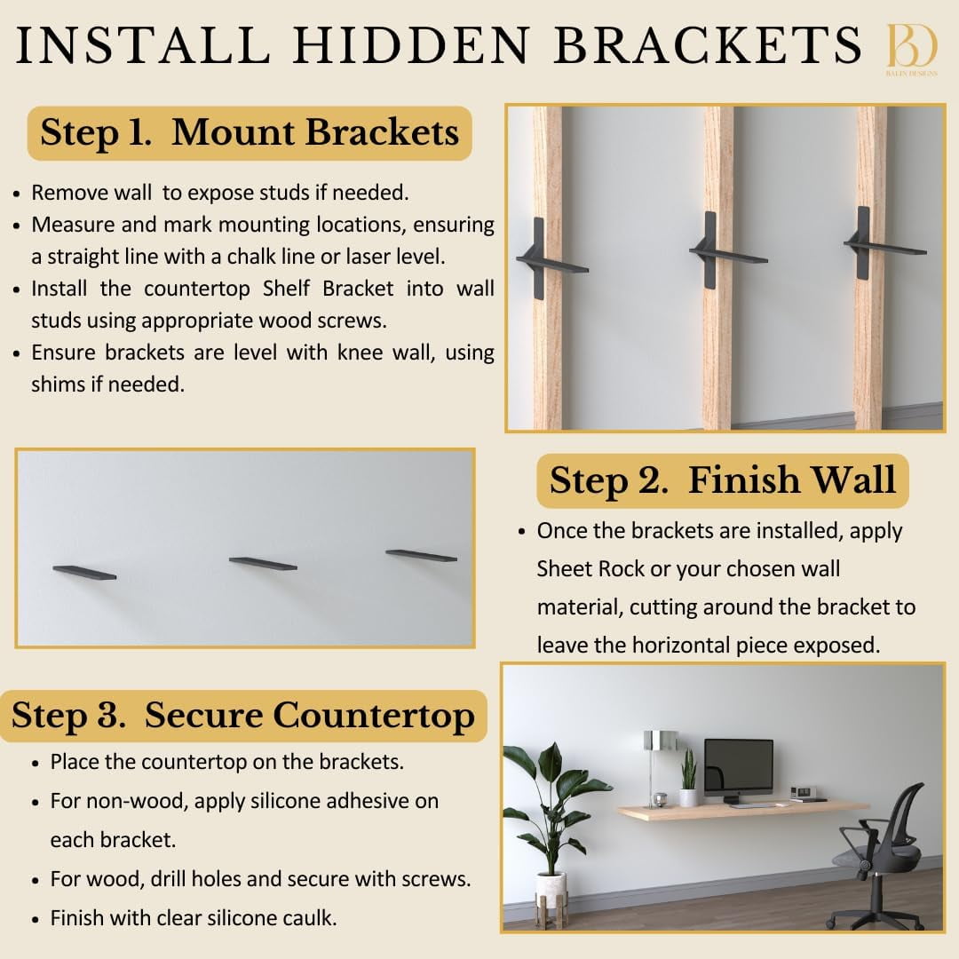 14" Black Countertop T Invisible Shelf Bracket by Balin Designs - Free Hanging Wall Brackets for Kitchen & Bathroom - Heavy Duty Floating Vanity Support for Shelves & Granite Countertops (pack of 2)