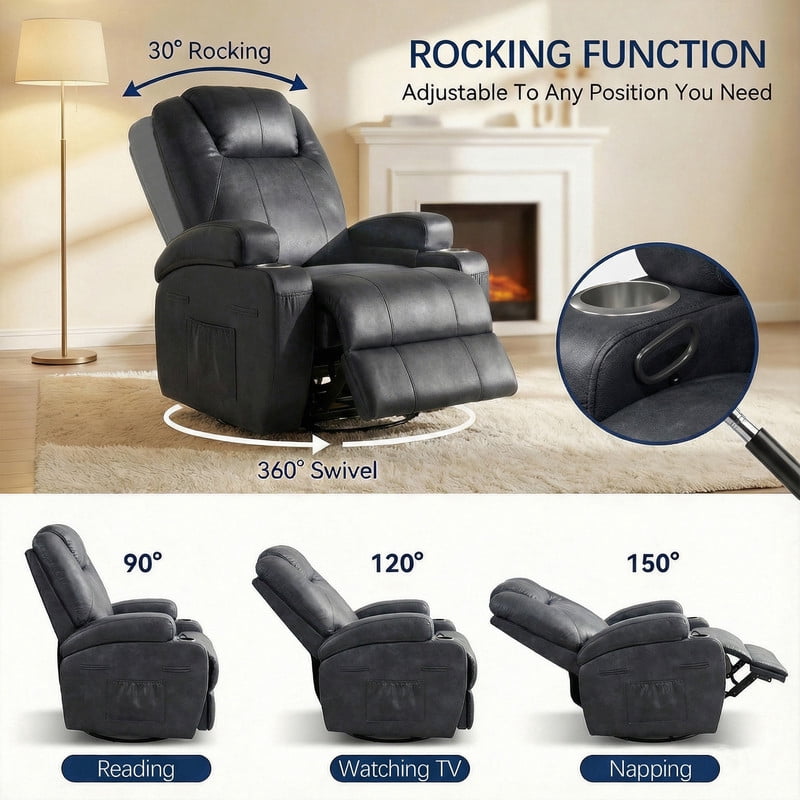 Homall 360° Swivel Rocking Recliner Massage Oversized Singal Sofa For Living Room Ergonomic High Backrest and Adjustable Recliner,PU Black