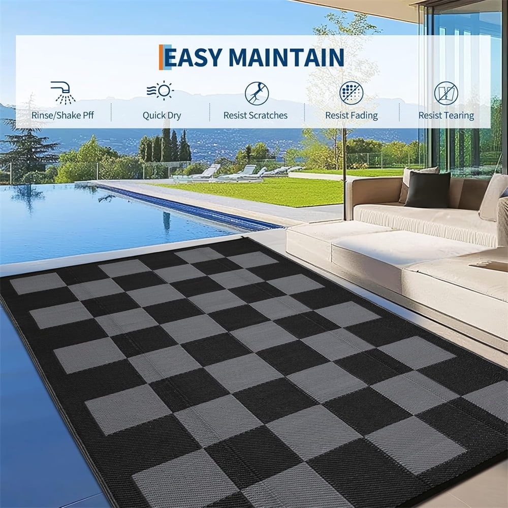 Outdoor Rugs 8x10ft/9x12ft Plaid Reversible Plastic Straw Rugs, Easy Cleaning Checkered Camping Carpet, Lightweight Outside Floor Mat for Picnic, Patio, RV, Porch, Deck, Balcony, Beach
