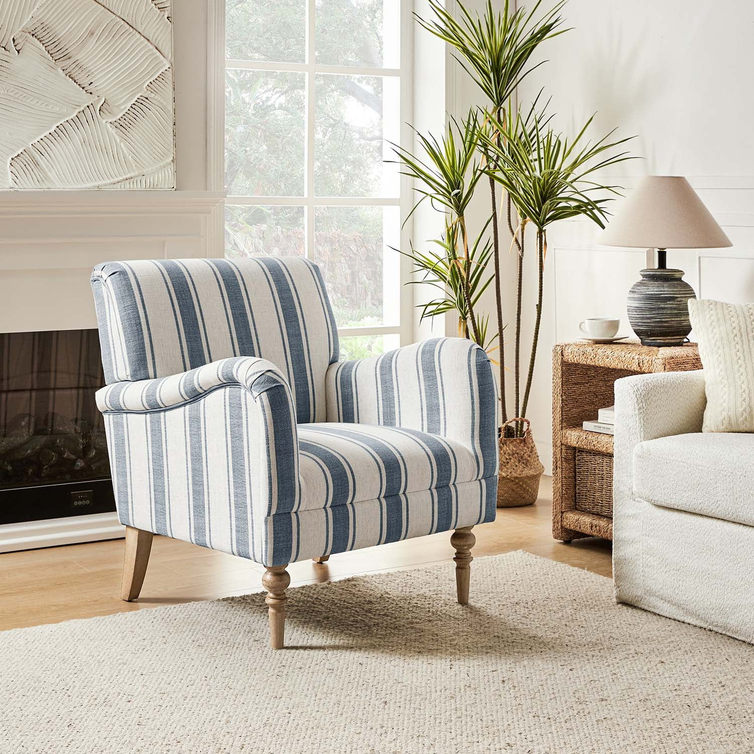 Stripe Armchair Upholstered Wooden Legs Accent Chair for Living Room Bedroom Adults Navy Stripe