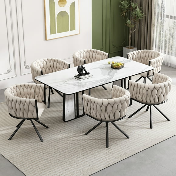 MODERNLUXE Swivel Dining Chairs Set of 6, Modern Velvet Fabric Upholstered Kitchen Chairs with Metal Legs & Arms, Leisure Accent Chair for Dining Room Living Room,Comfortable Widen Seat,Beige