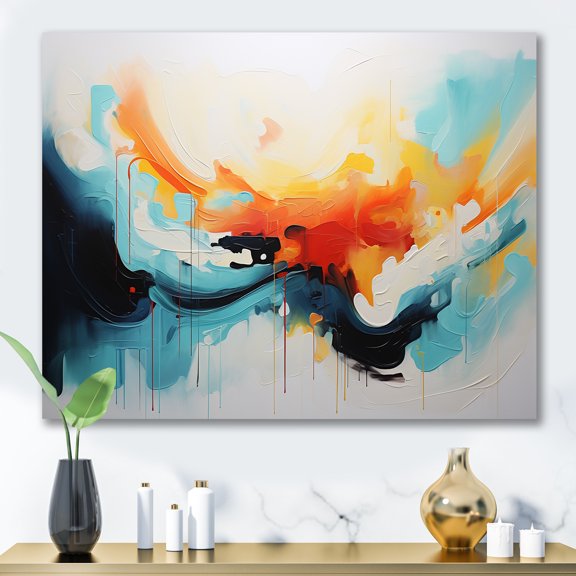 Designart "Waves of Color Blue and Orange Abstract II" Abstract Wall Art - Modern Blue Abstract Painting Hallway Wall Art Decor