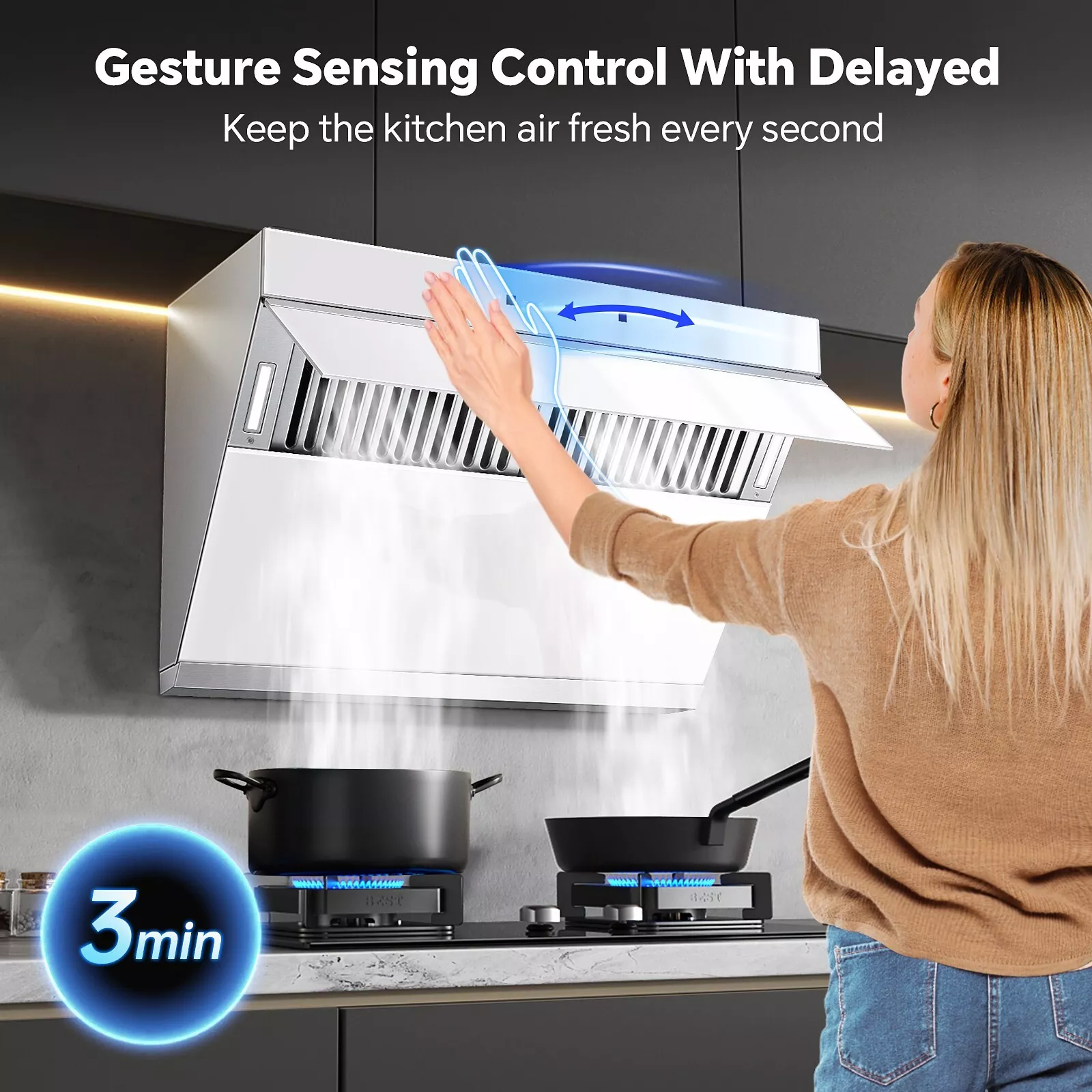 30 inch Under Cabinet Range Hood 900CFM 9-Speed Gesture Touch Control Silver White Glass Modern Vent Hood Kitchen