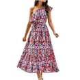 thumbnail image 5 of Taqqpue Women's One Shoulder Maxi Dress Casual High Waist A Line Flowy Tropical Print Beach Sundress Floral Ruffle Boho Vacation Wedding Guest Plus Size Long Dresses, 5 of 8