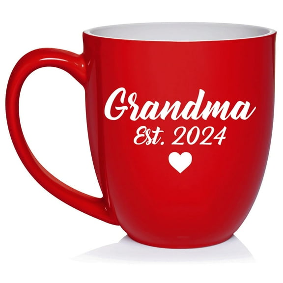 16 oz Large Bistro Mug Ceramic Coffee Tea Glass Cup Grandma Est 2024 (Red)