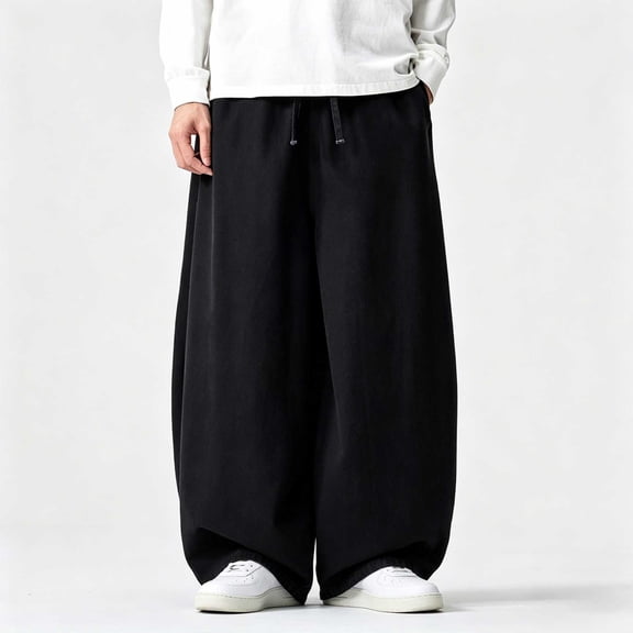 Ceisia Men Baggy Wide Leg Denim Jeans Elastic Waist Drawstring Loose Street Hip Hop Vintage Washed Denim Casual Daily Fashion Oversized Long Trousers Black L Gifts for Father