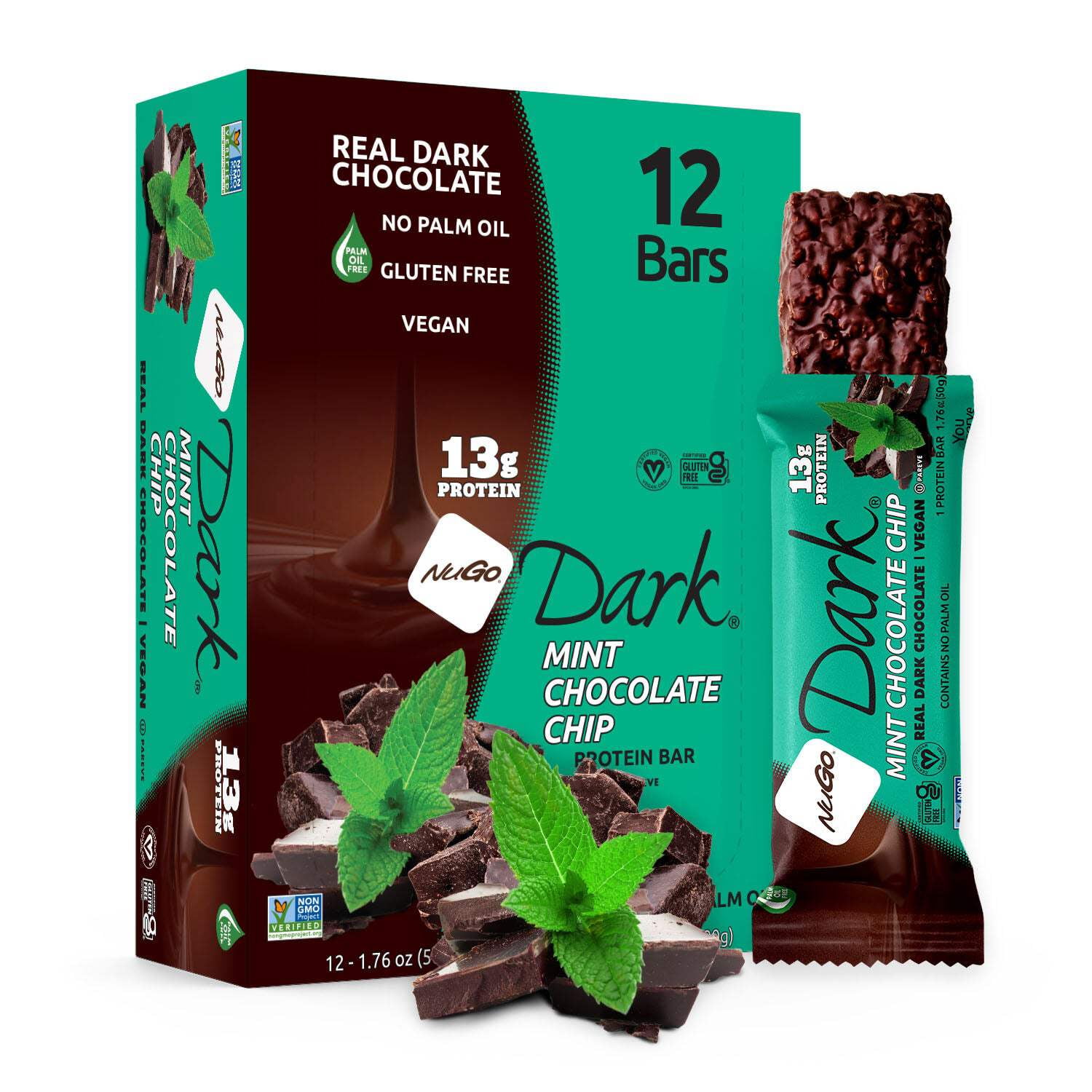 NuGo Dark Chocolate Mint Chocolate Chip, 13g Vegan Protein, Gluten Free, 12 Count