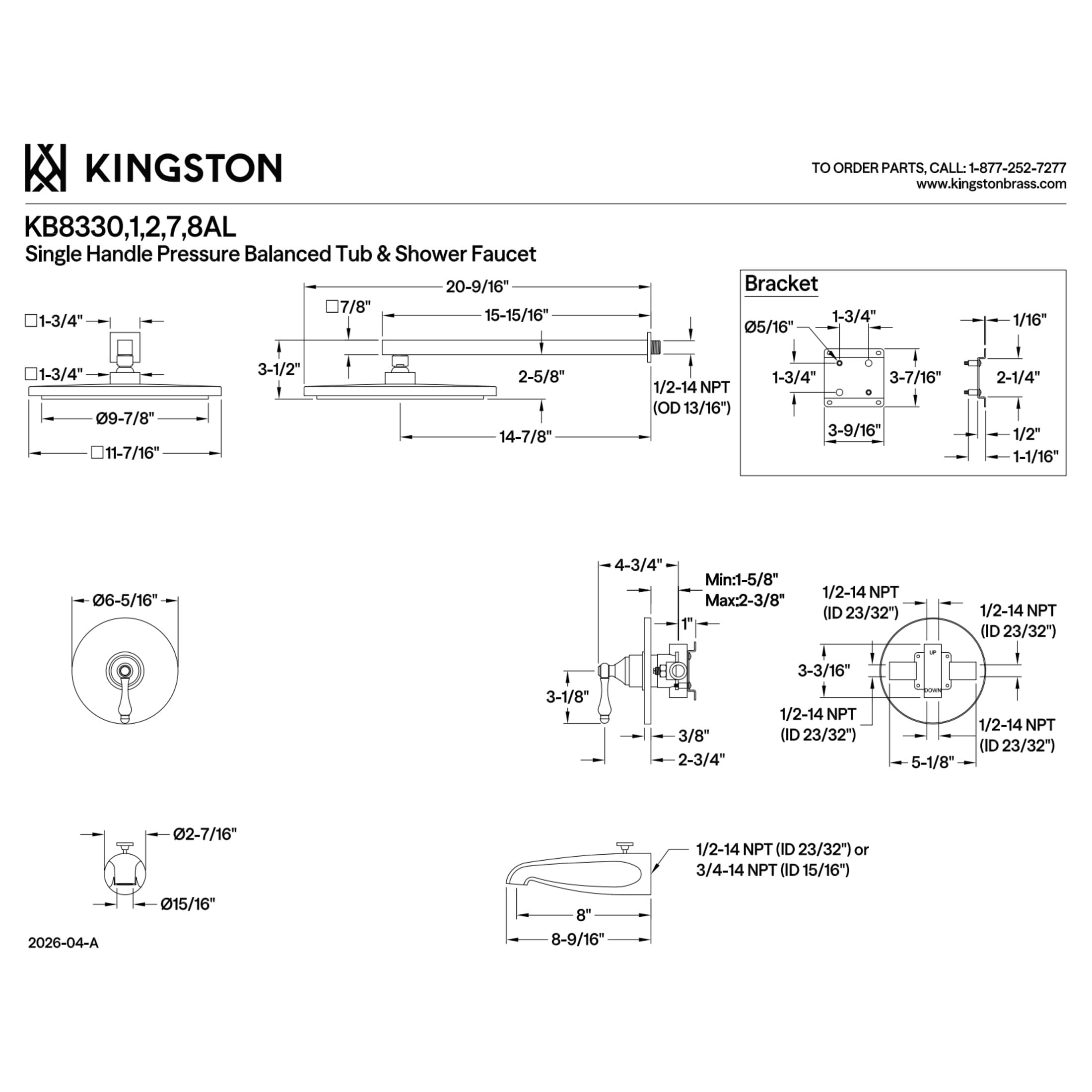 Kingston KB8330AL Restoration Single-Handle Pressure Balanced Tub and Shower Faucet, Matte Black