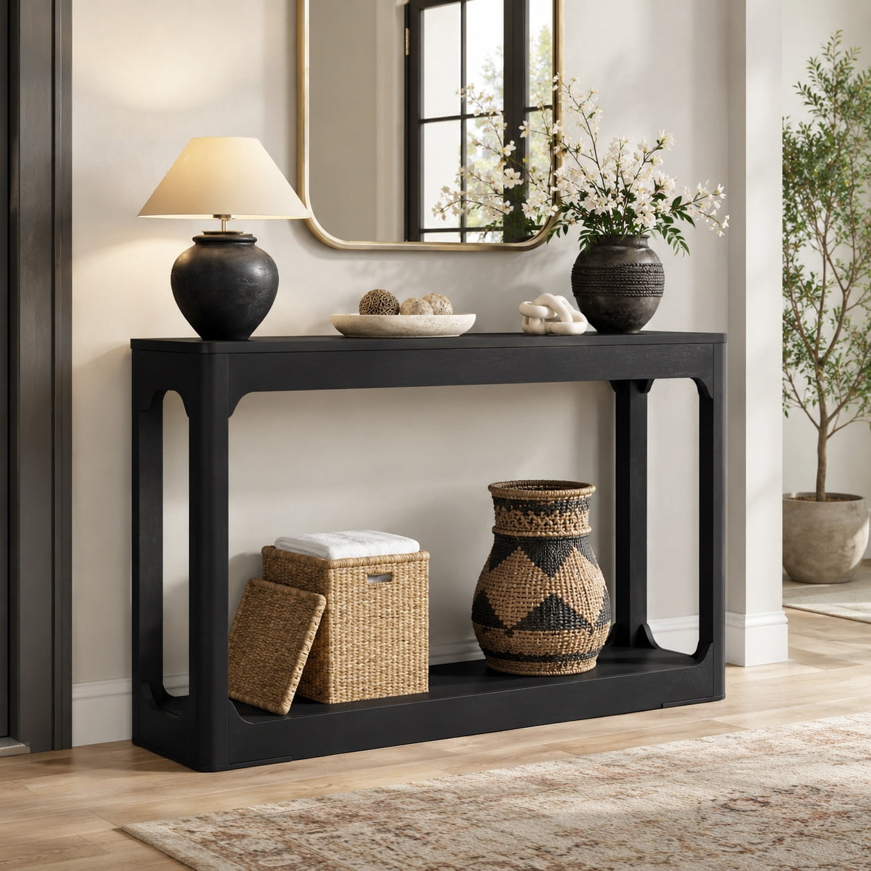 Aukfa 55.1" Wood Console Table, Narrow Sofa Table with 2-Tier Open Shelf for Entryway Hallway Living Room,Black