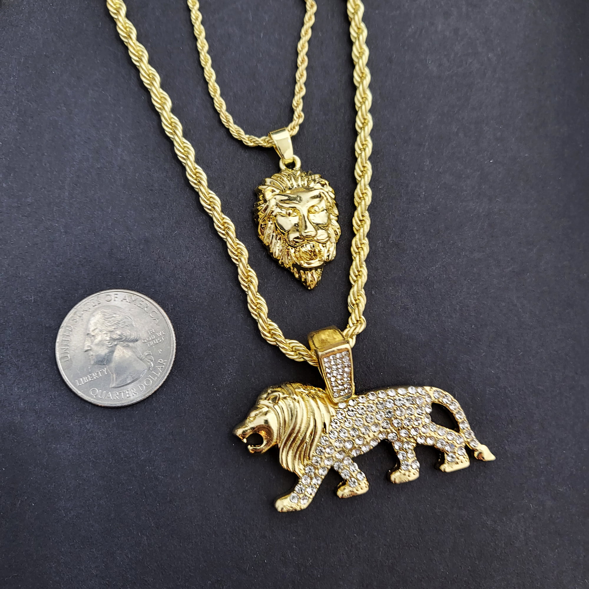 Iced Gold Plated Simulated Diamond Lion & Lion Head Pendant & 3mm