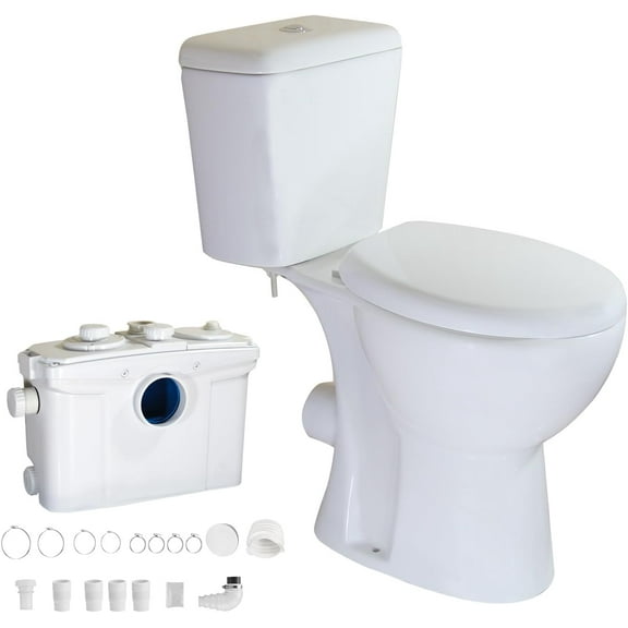 WinZo Macerator Pump Two Piece Toilet Upflush System for Basement Extra Tall 19" Comfort Bowl With Dual Flush Toilet Tank & Pump for Sink, Toilet, Bathtub, White (900W Macerating Toilet)