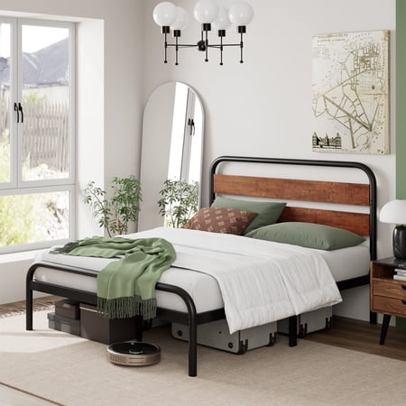 Litake Queen Size Platform Bed Frame with Wood Headboard  Heavy Duty Metal Slat Support  Noise Free Design Mattress Foundation  Easy Installation  Dark Brown